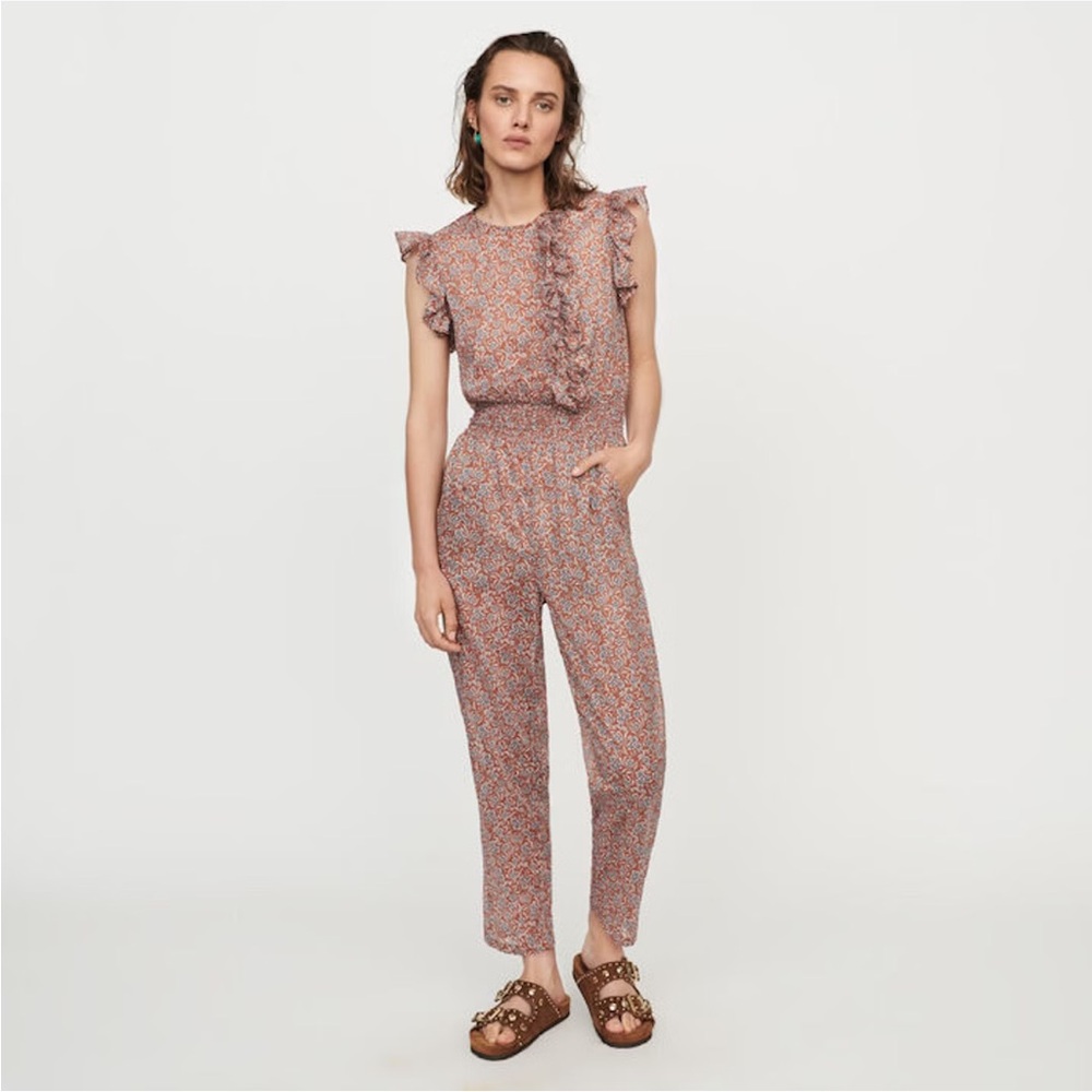 MAJE Brown/Blue Floral Ruffle Front Lightweight Jumpsuit